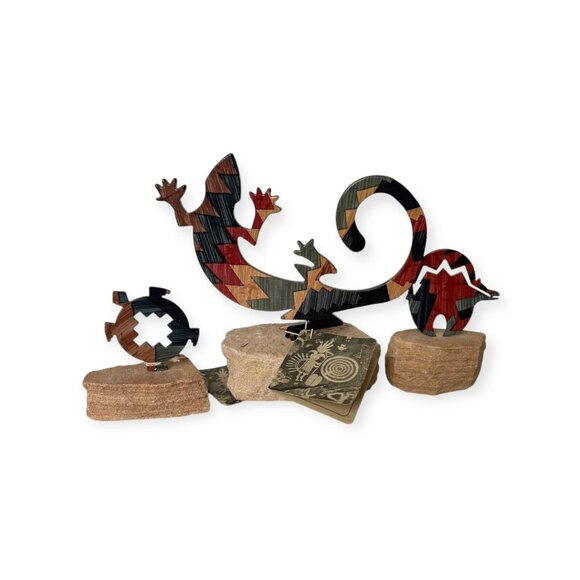 New VTG LAZART 3pc Southwest Metal on Sandstone Sculpture  Gecko Turtle & Bear - Picture 5 of 12